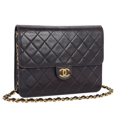 Matelasse Chain Shoulder Bag Lambskin Leather Medium Black