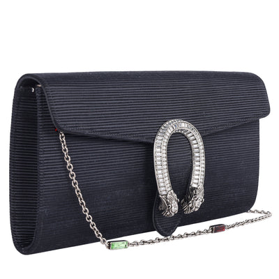 Dionysus Horseshoe Crystal Satin Ribbed Clutch Shoulder Bag Black