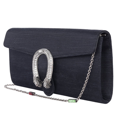 Dionysus Horseshoe Crystal Satin Ribbed Clutch Shoulder Bag Black