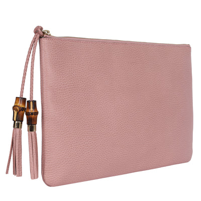 Pebbled Calfskin Leather Large Bamboo Clutch Cosmetic Case Pink