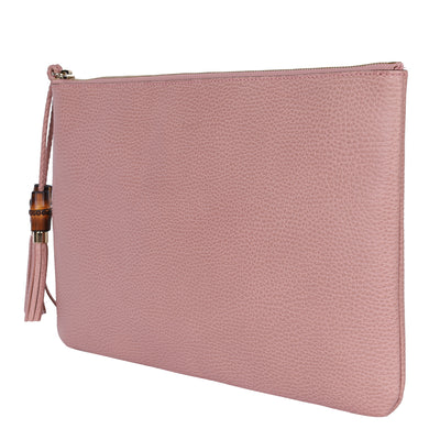 Pebbled Calfskin Leather Large Bamboo Clutch Cosmetic Case Pink