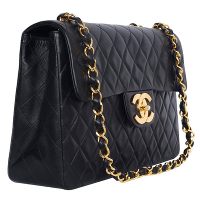 1991-1994 Jumbo Classic Flap Bag Black Lambskin Gold Hardware