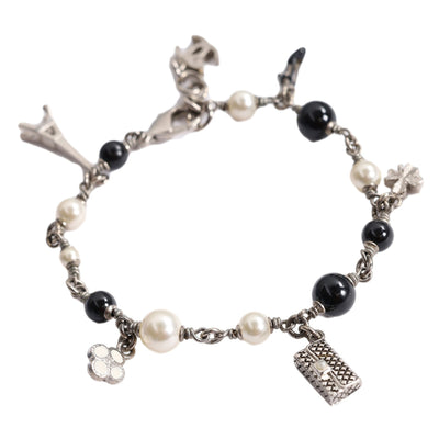 Faux Pearl Black Bead Multi Charm Silver Tone Bracelet