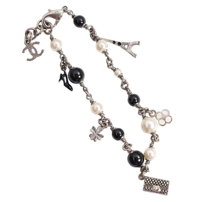 Faux Pearl Black Bead Multi Charm Silver Tone Bracelet
