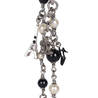 Faux Pearl Black Bead Multi Charm Silver Tone Bracelet